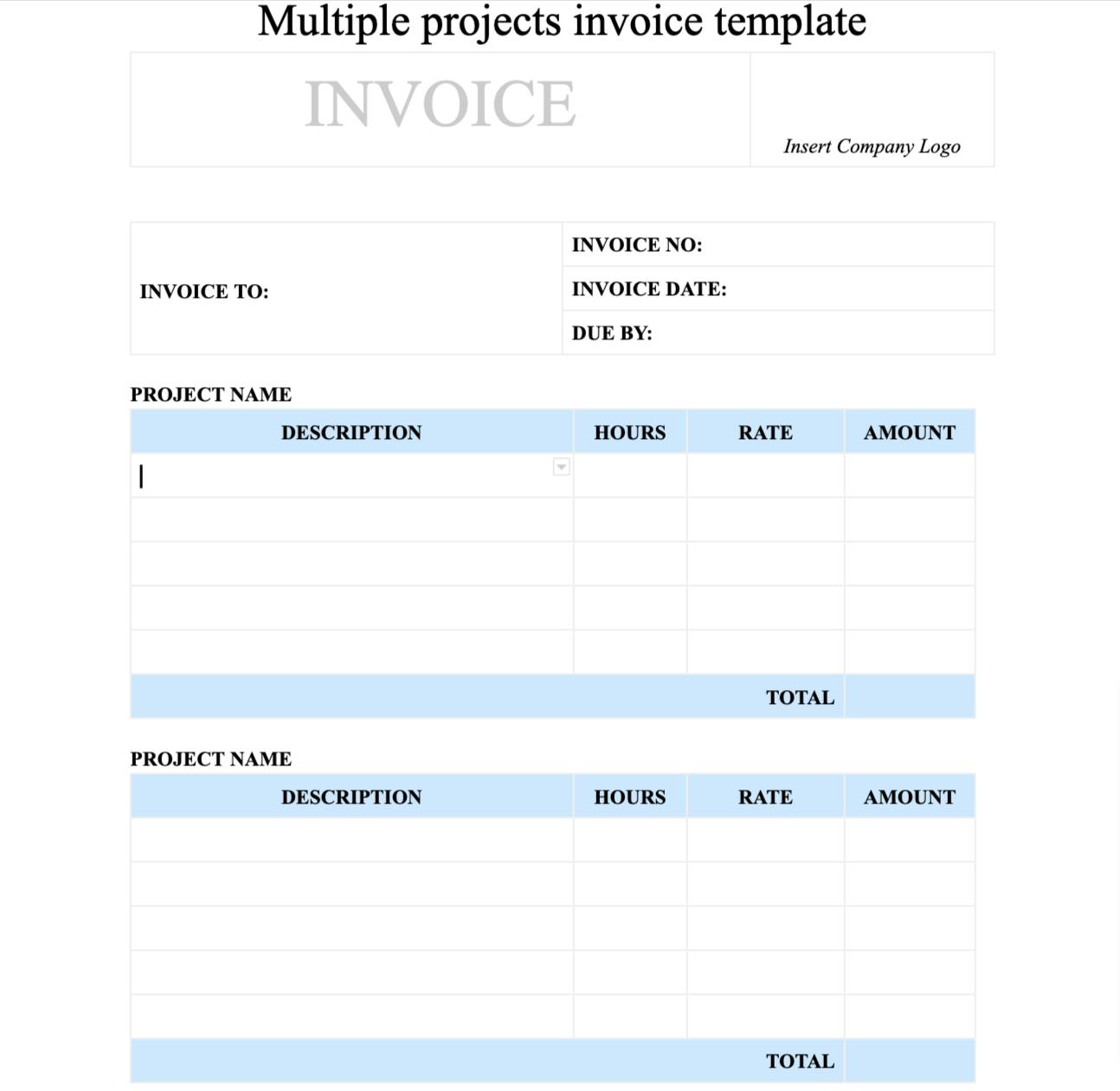 Multiple projects invoice template in google docs
