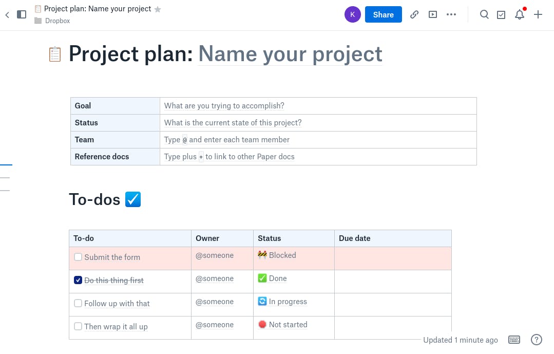 An example of a project spec template from Dropbox Paper