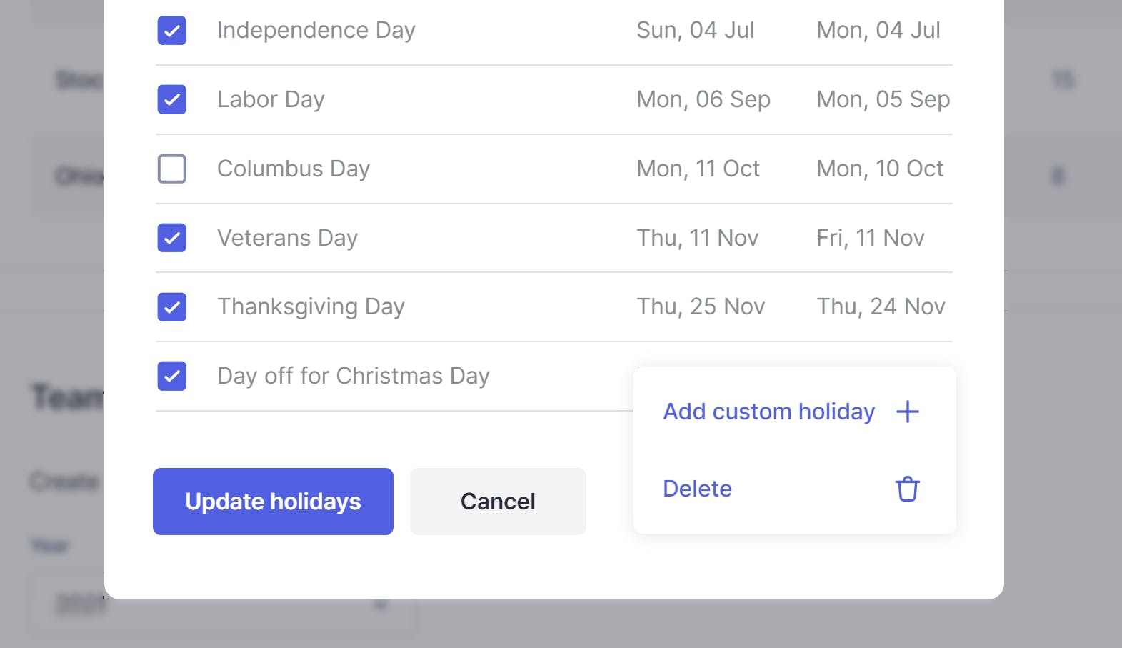 Custom holidays can be set in Float