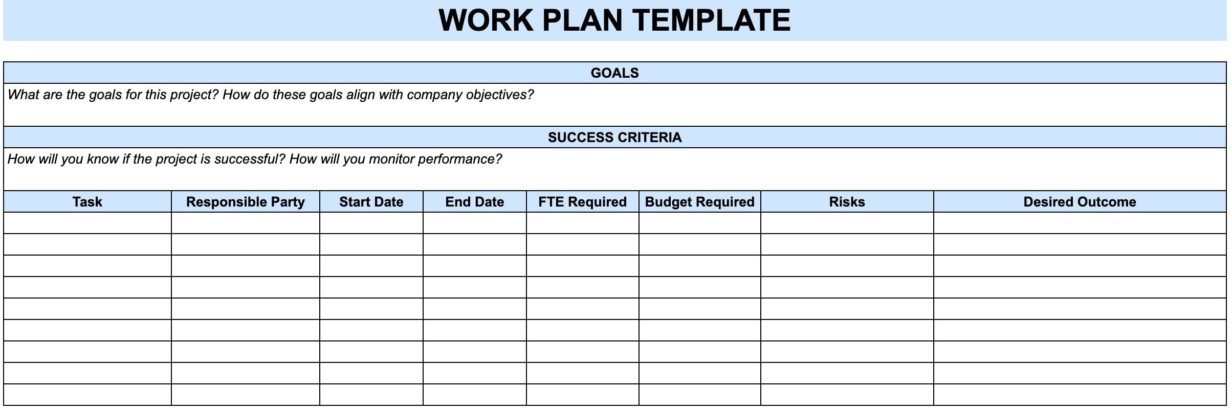screenshot of a simple work plan template example