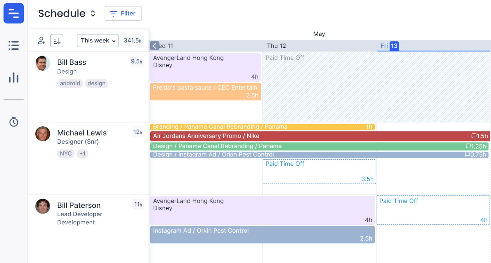 An example view of project schedule in Float where you can see team members assigned to tasks and when they have booked time off