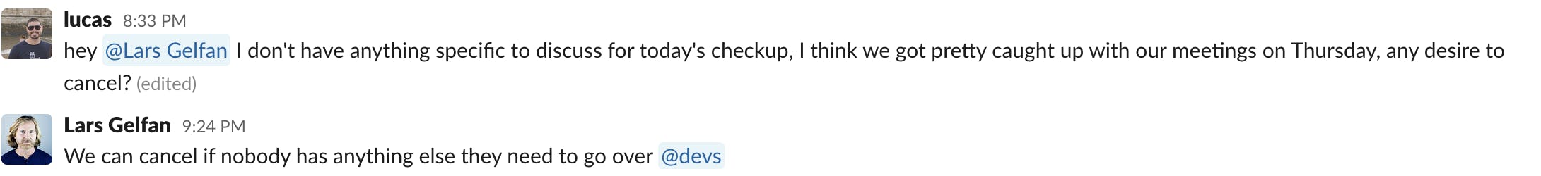 Slack conversation between team members about cancelling a meeting 