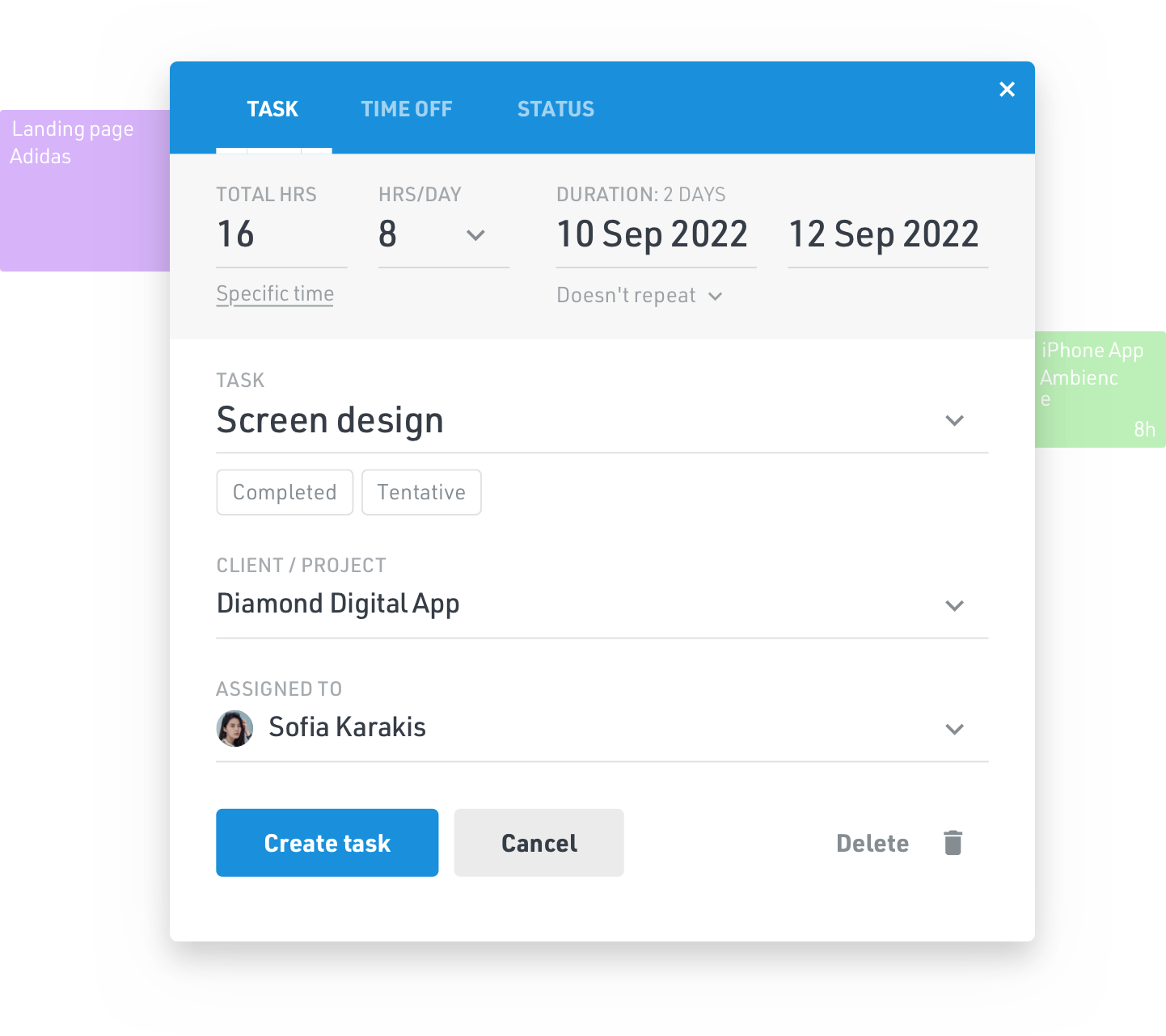 Add a task, time off and set a status to a team member
