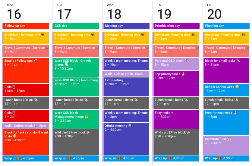 An example of time blocking using Google Calendar