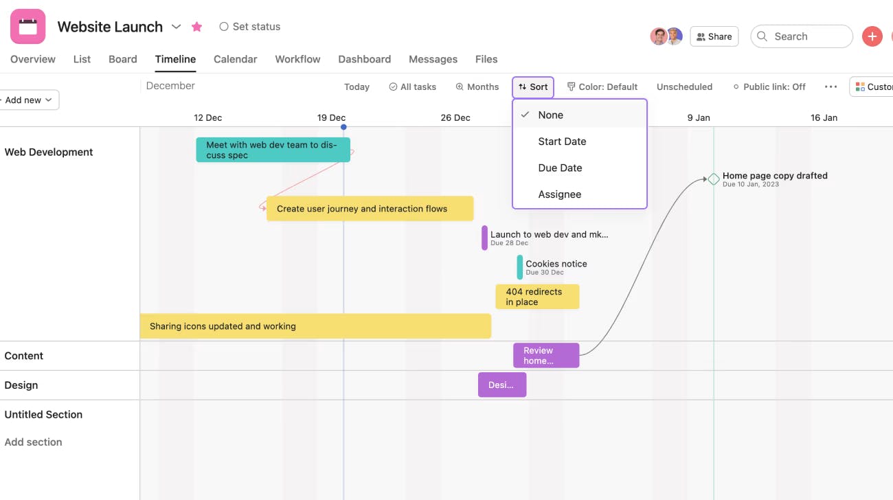 Project timeline template in Asana