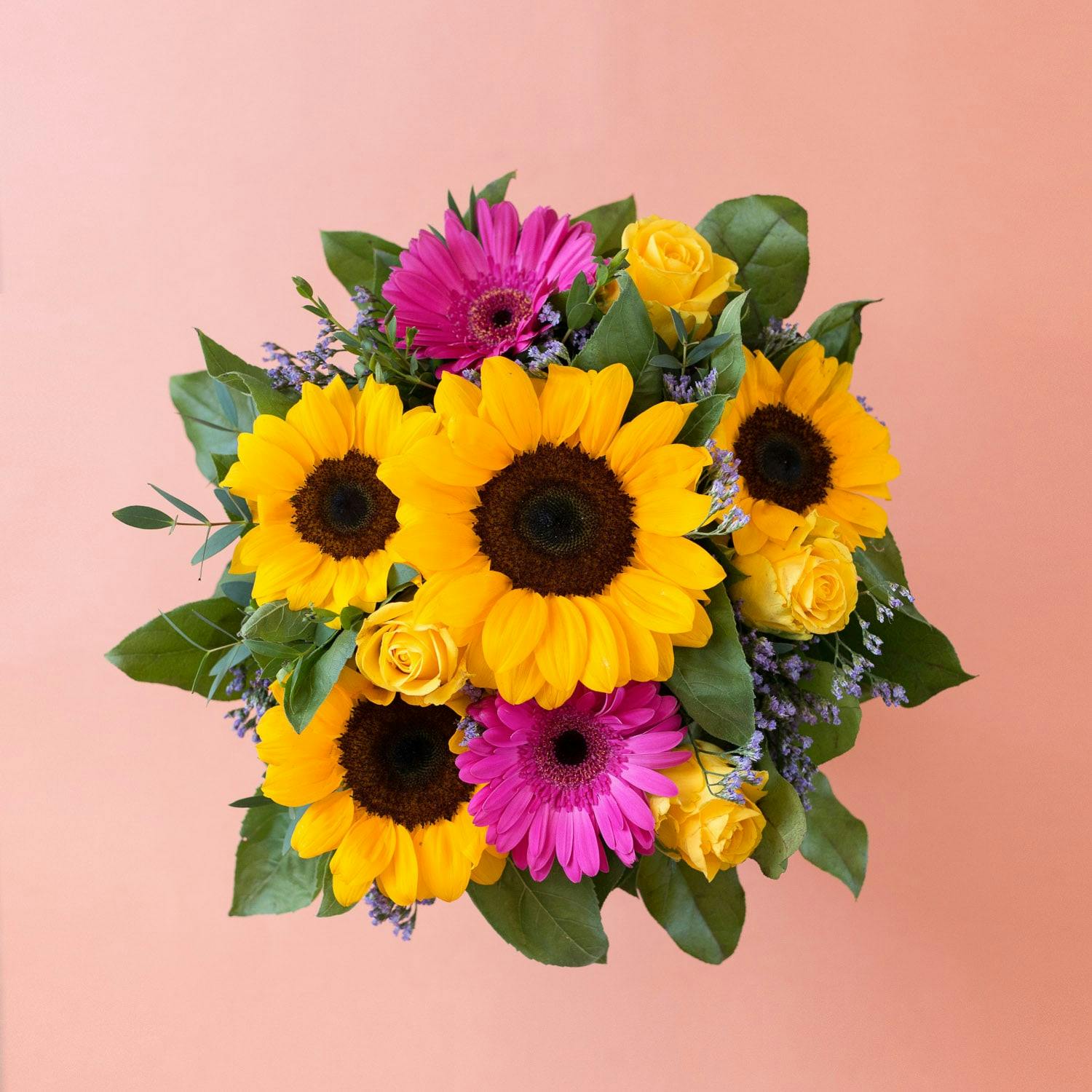 yellow sunflower pink gerbera yellow rose bouquet floraqueen