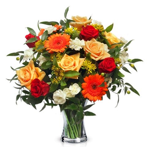 Buquê de rosas laranjas e gerberas