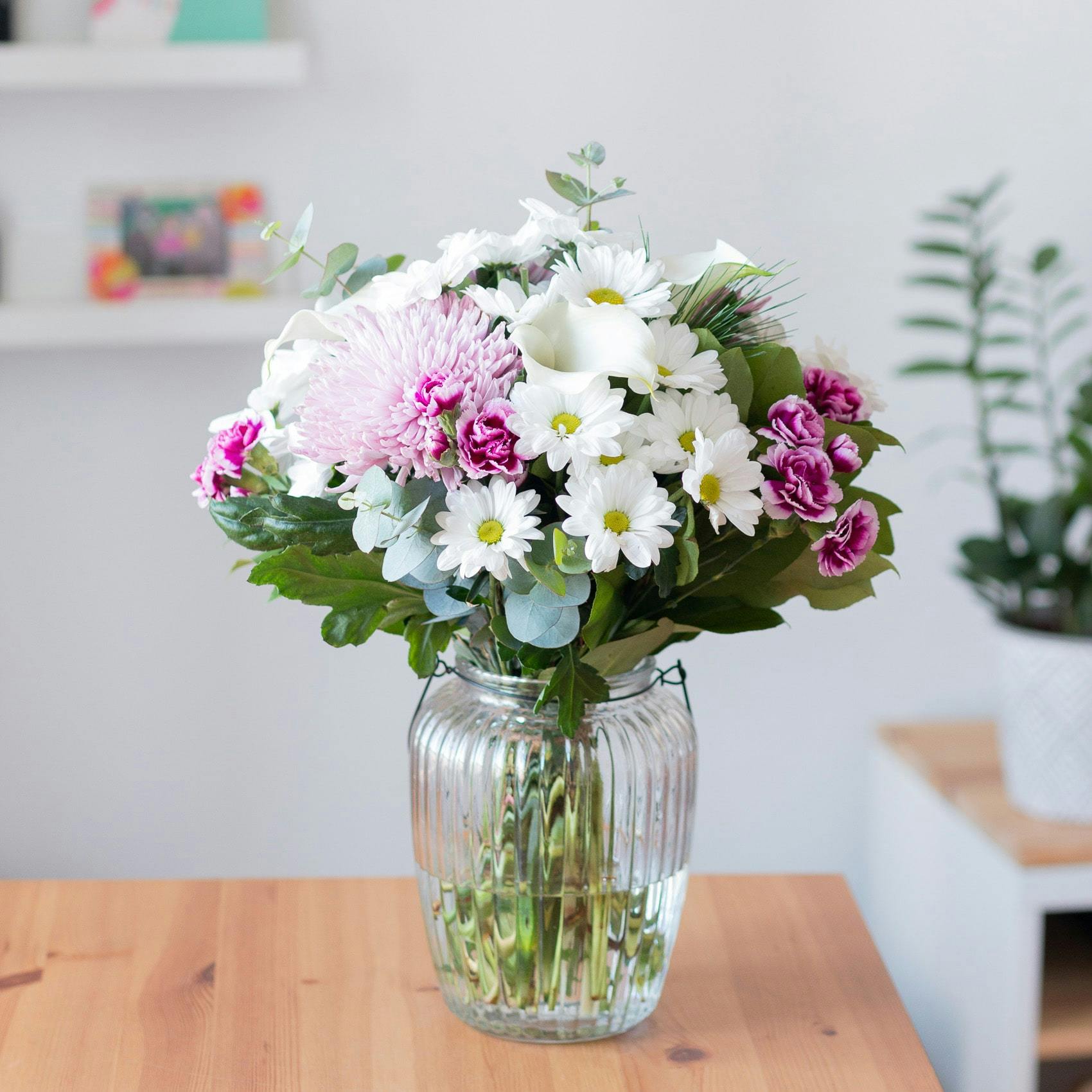 chrysanthemum and anastasia pink bouquet in glass vase