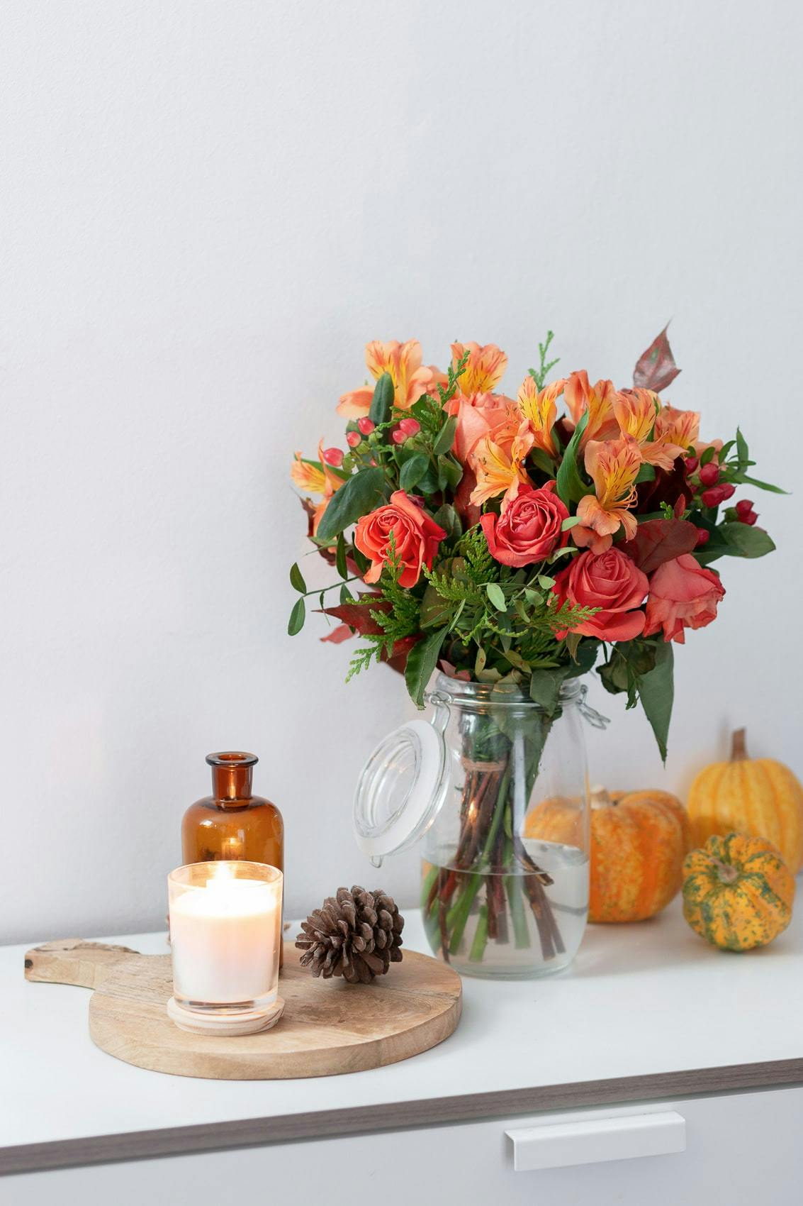 pumpkin bouquet on shelf