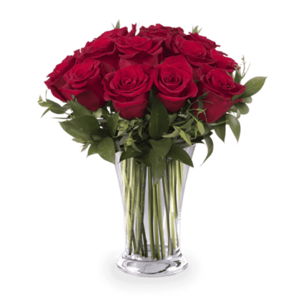 12 red roses in a glass vase