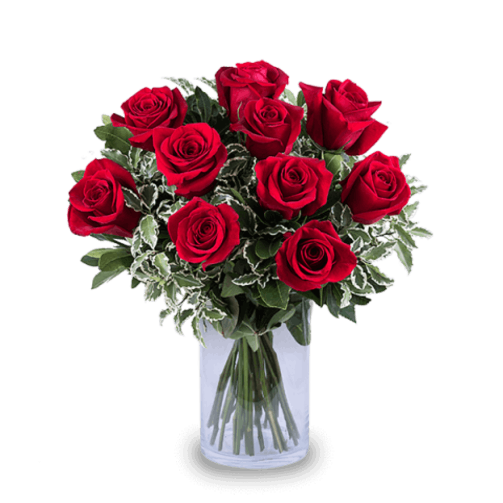 The power of love: 10 red roses, card, chocolates and vase