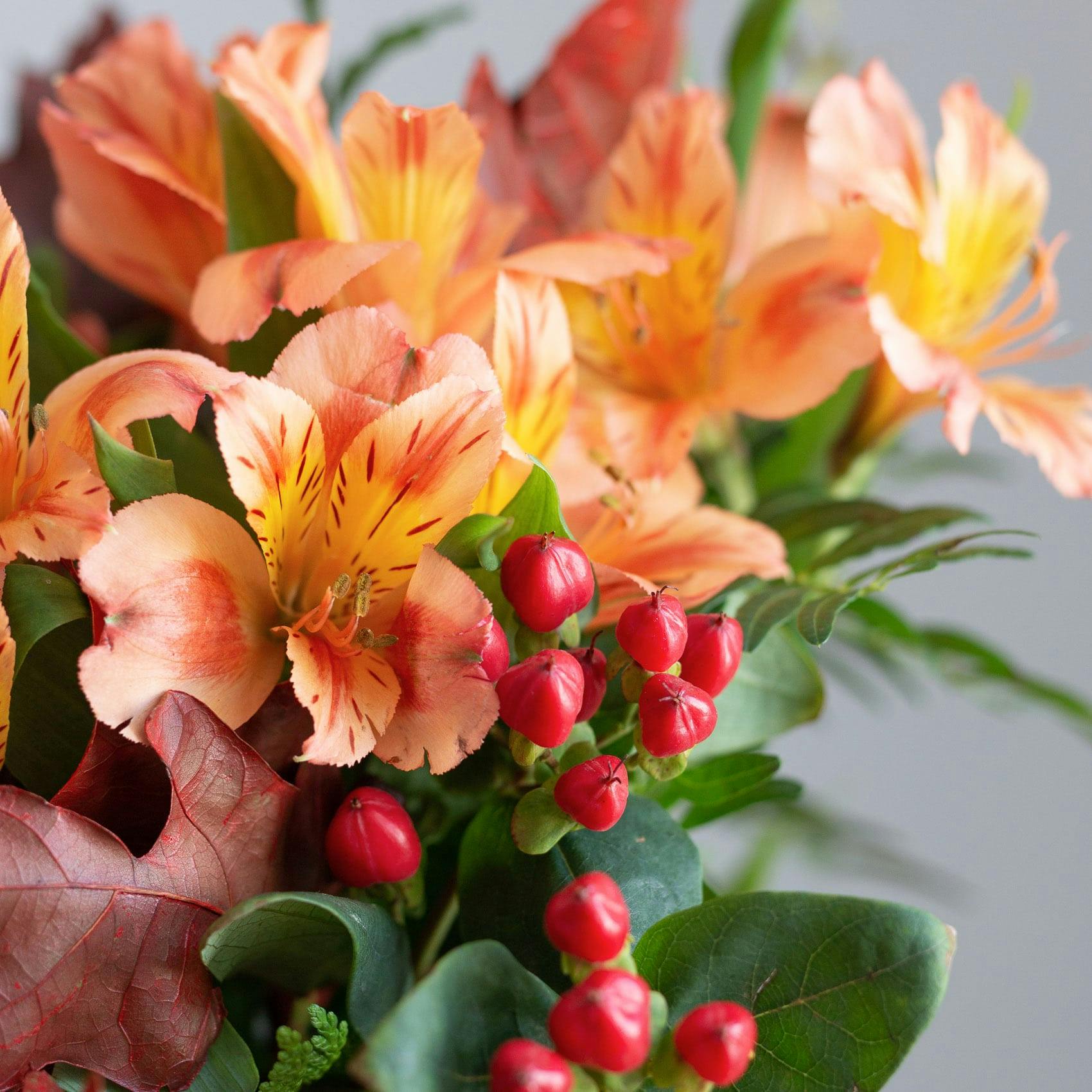 closeup pumpkin bouquet alstroemerias