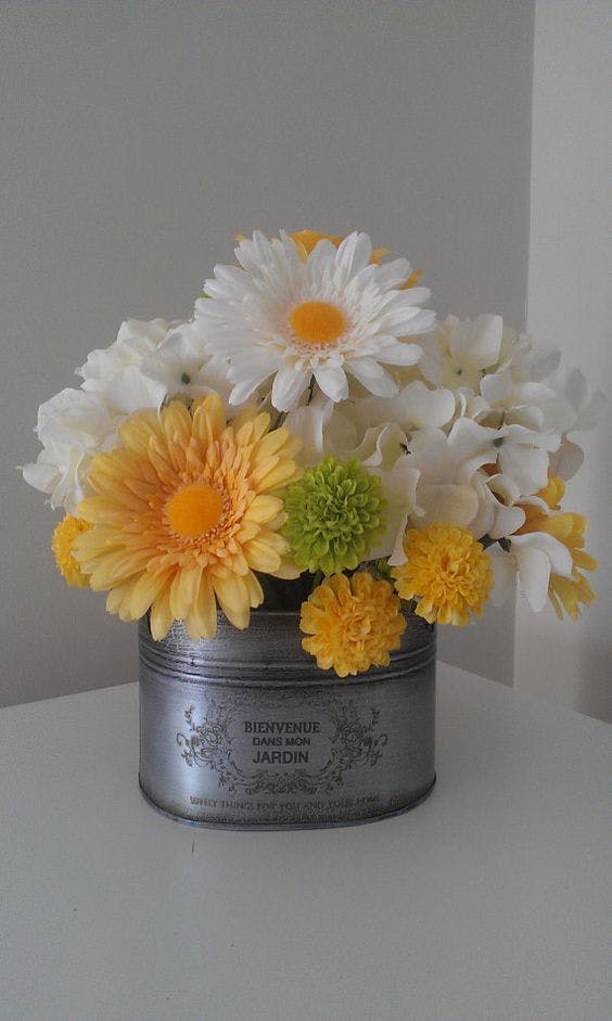 Sunny Yellow flower Arrangement, Floral Arrangement, Gerber Daisies, Hydrangea, Poms, Rose. A great addition to your home decor! on Etsy, $37.00