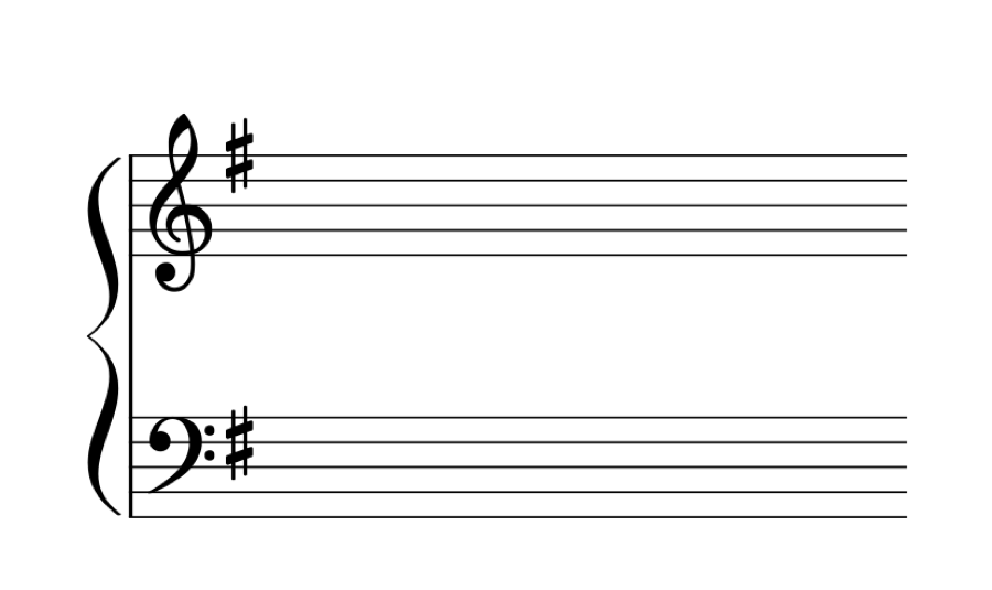 Grand staff with the key signature of G Major