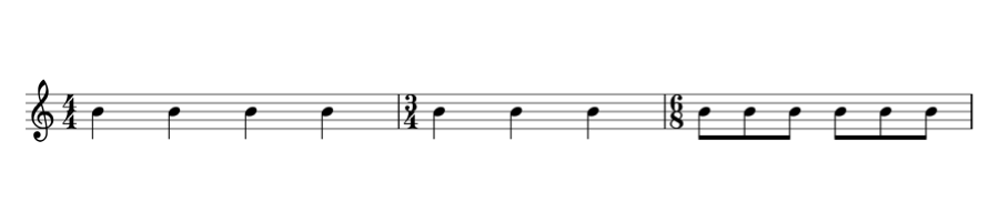Time signatures: 4/4, 3/4, and 6/8
