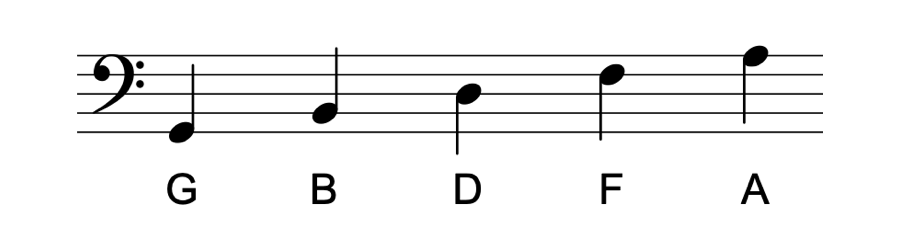 Notes on the lines of the bass clef