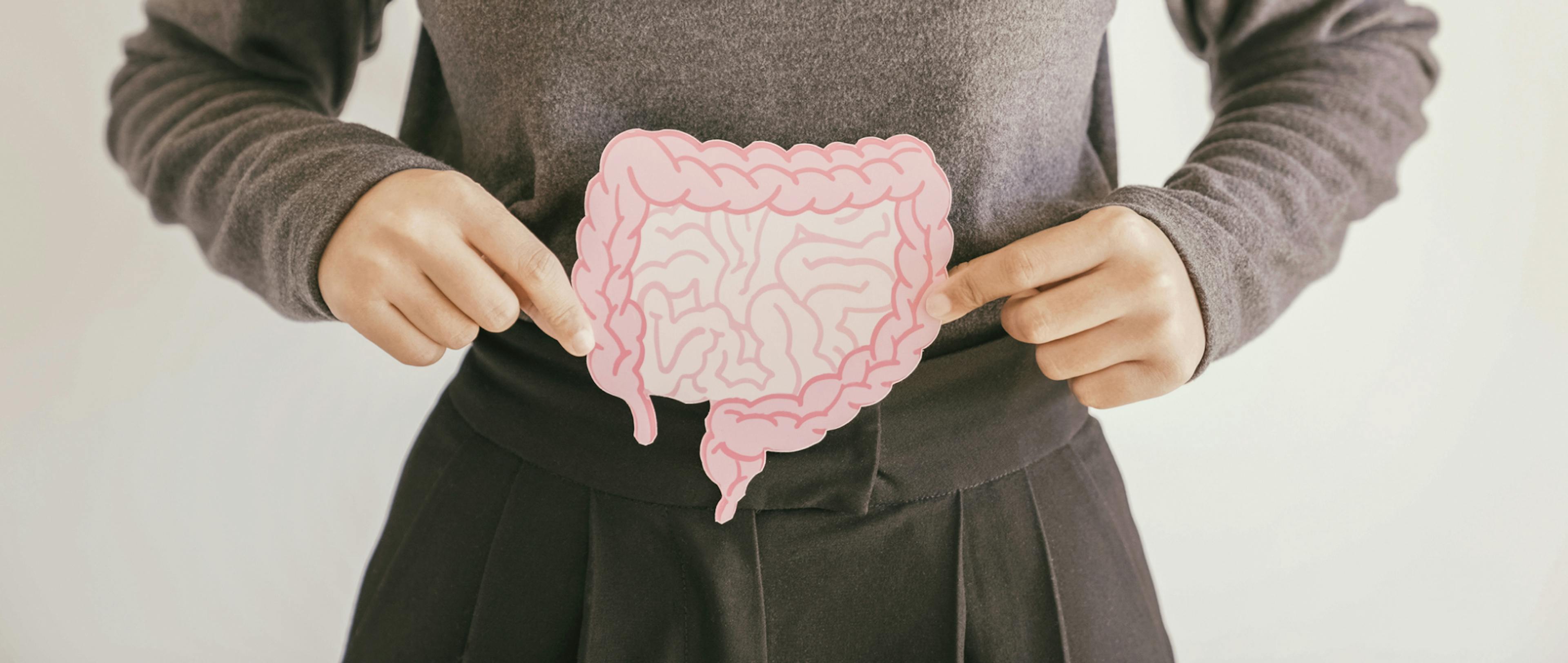 A person holds an image of the intestine to describe better gut health