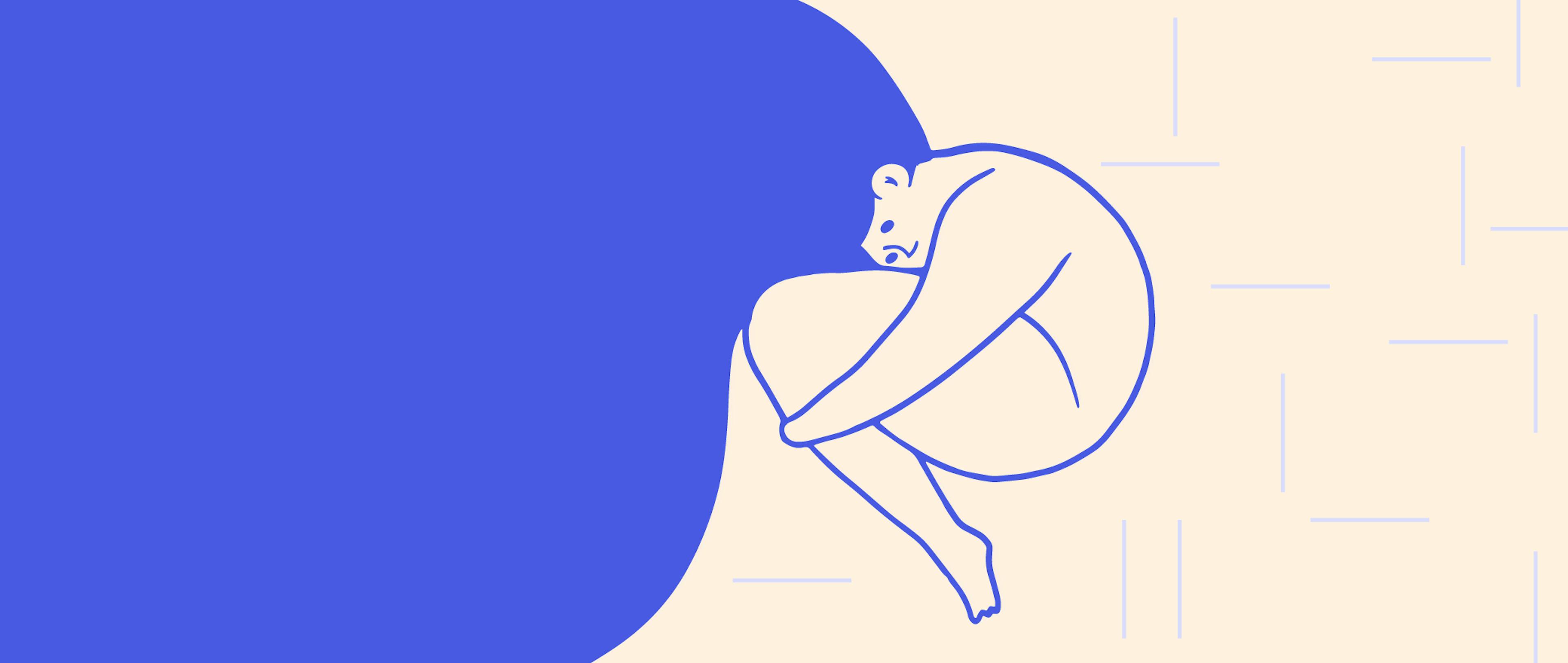 An illustration of a woman curled up in the foetus position with an unhappy expression 