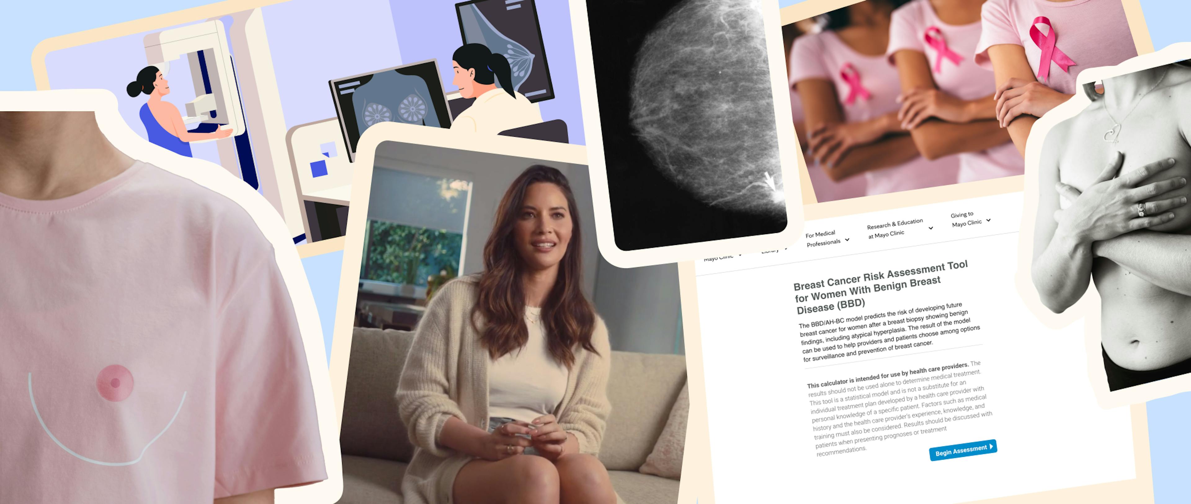 Visual storytelling of Olivia Munn's breast cancer diagnosis journey.