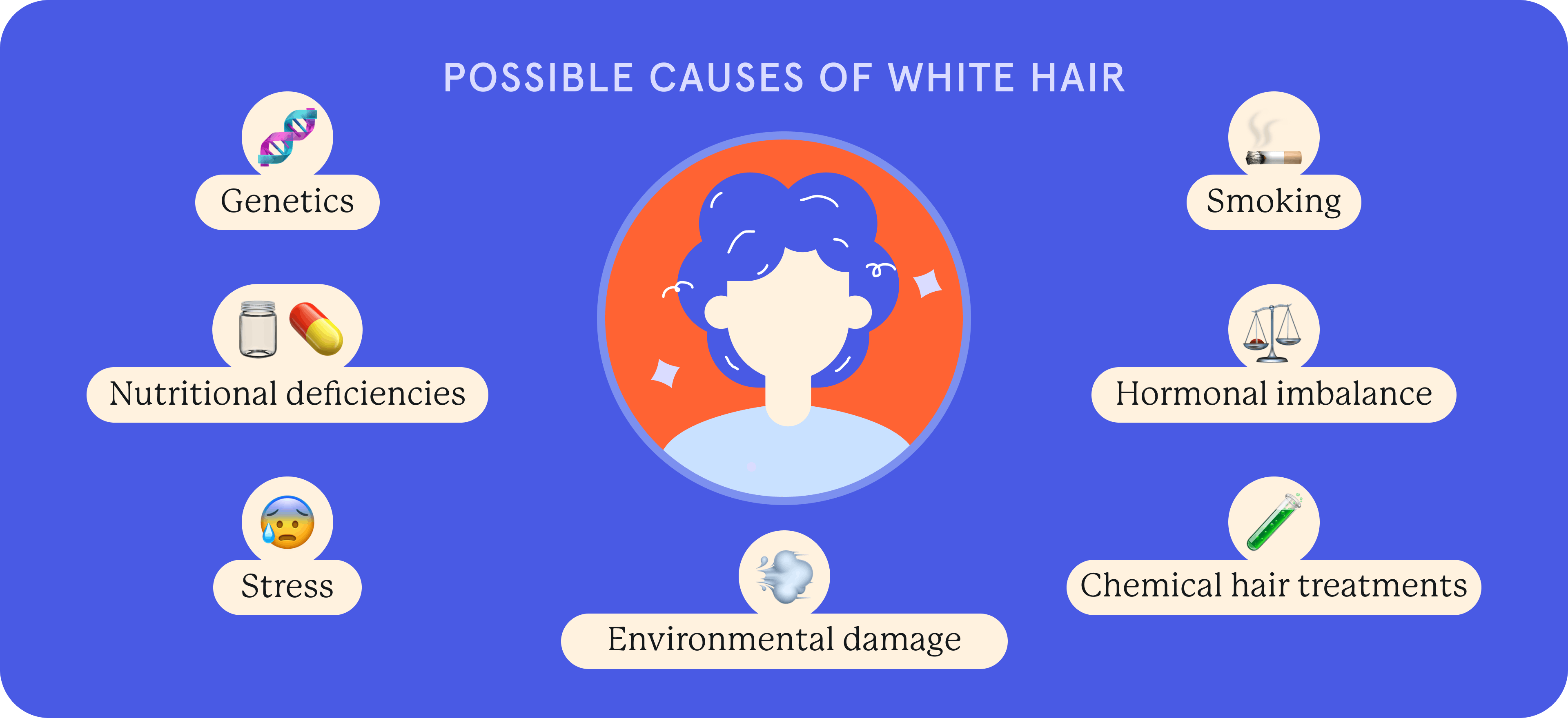 An infographic on possible causes of white hair.