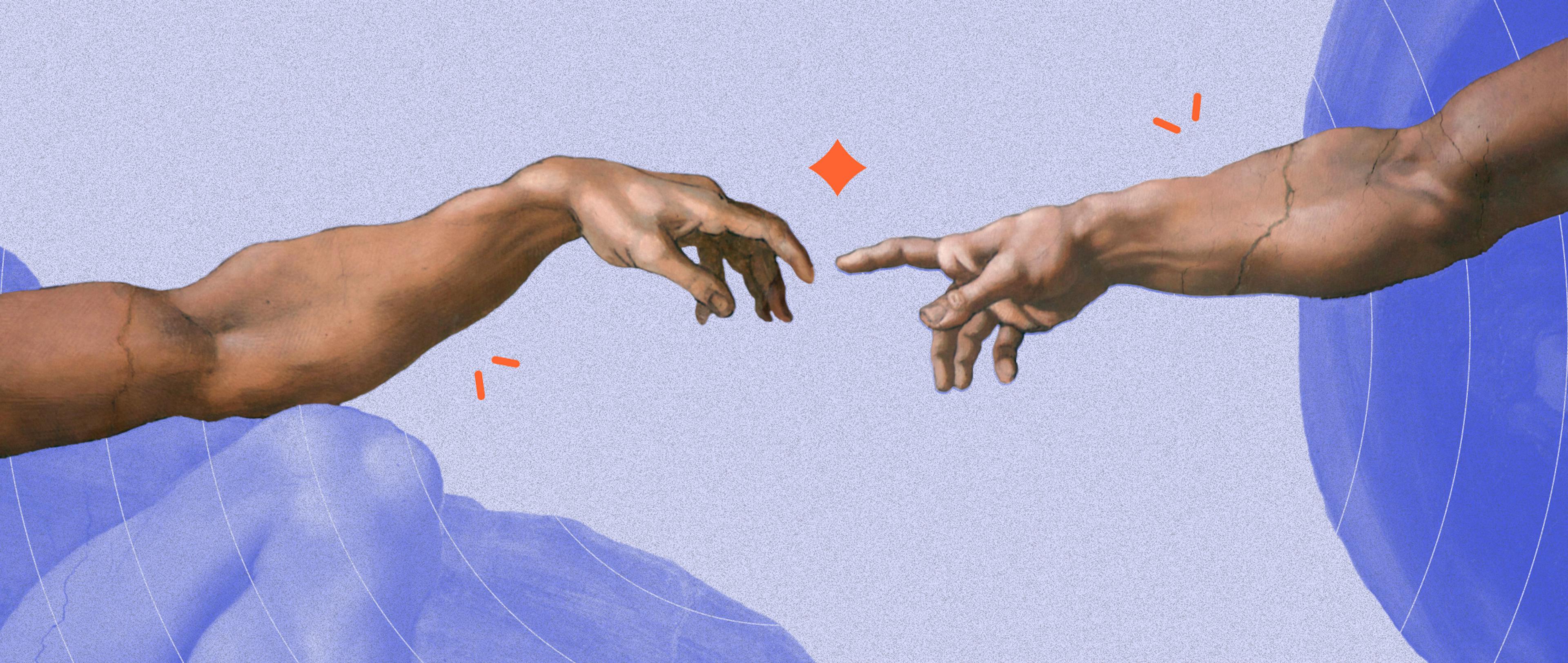 An iteration of Michael Angelo's Sistine Chapel painting representing connection between friends and how they can help the other's mental health