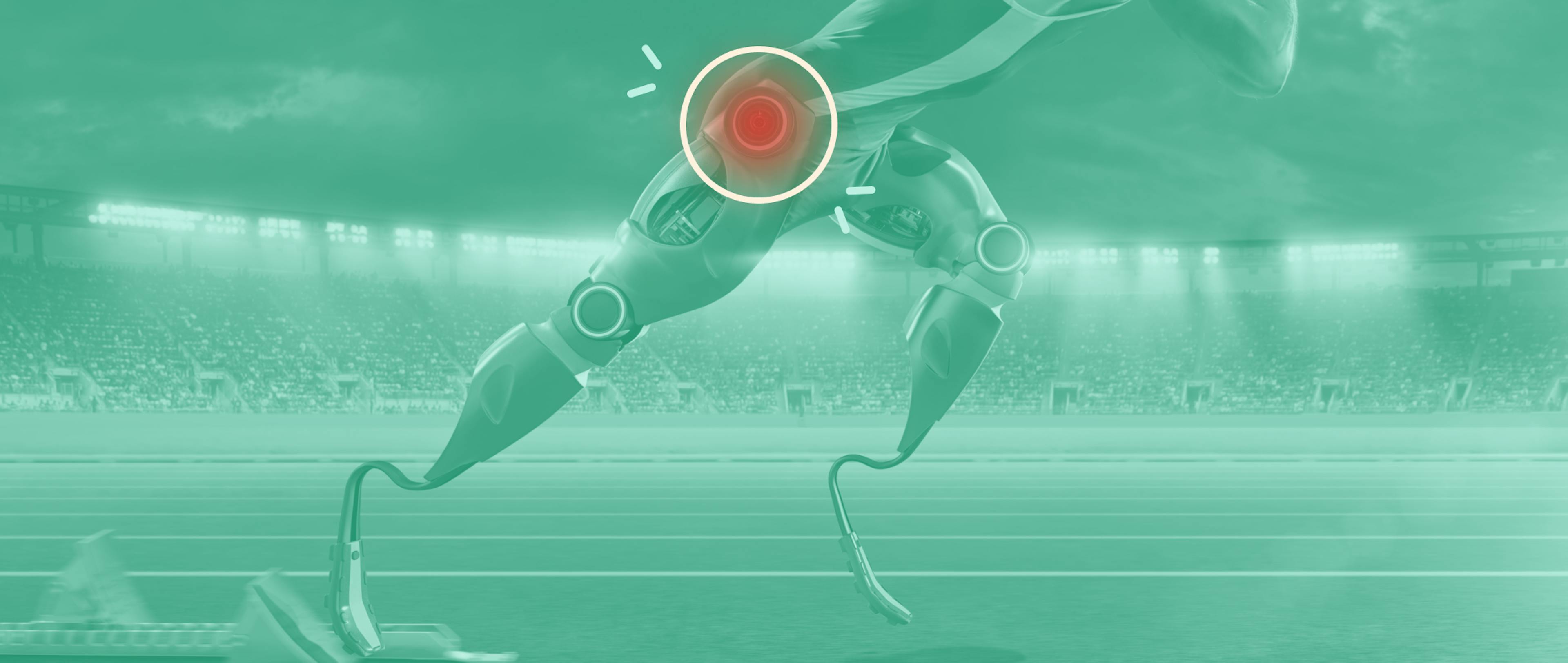 A humanoid robot with hip pain indicated in red is running in a stadium.