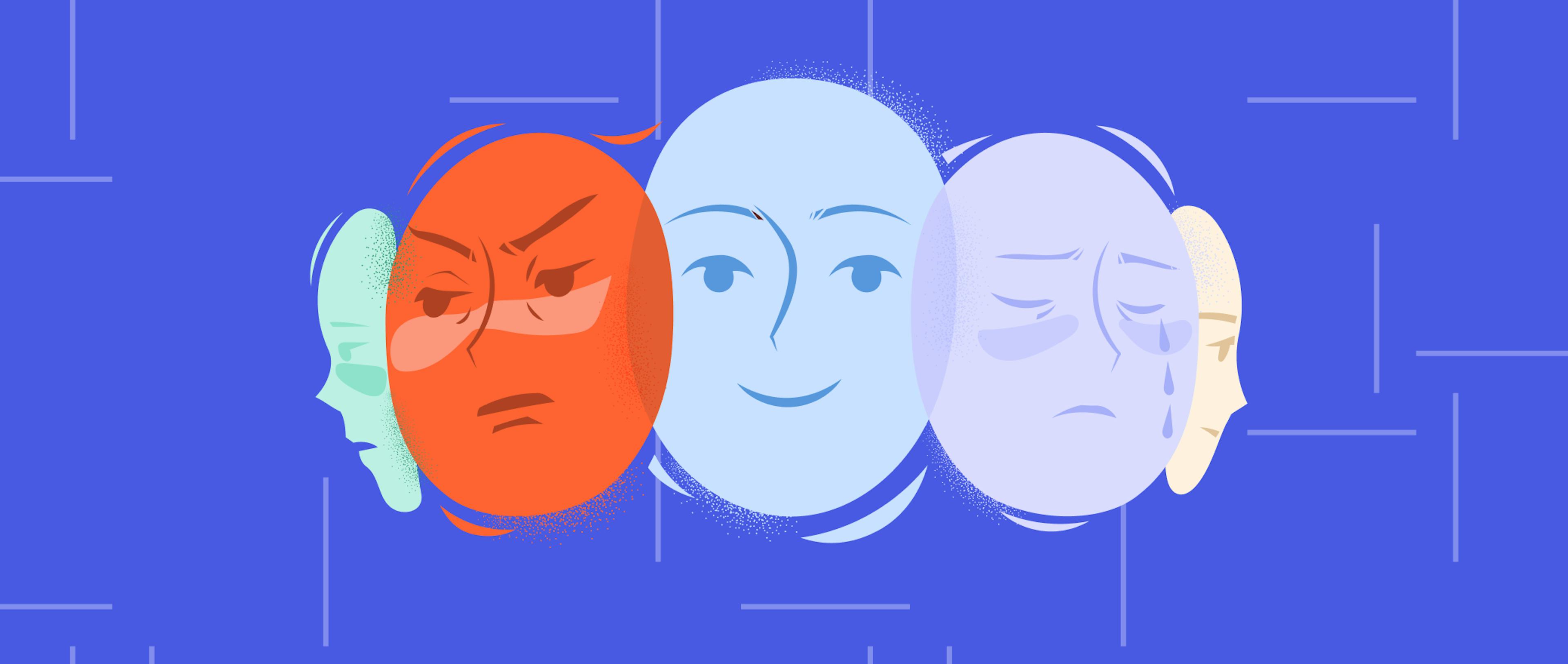 Illustrations of 5 faces donning different expressions - ranging from happy to angry - to depict a person's multiple personalities or facets.
