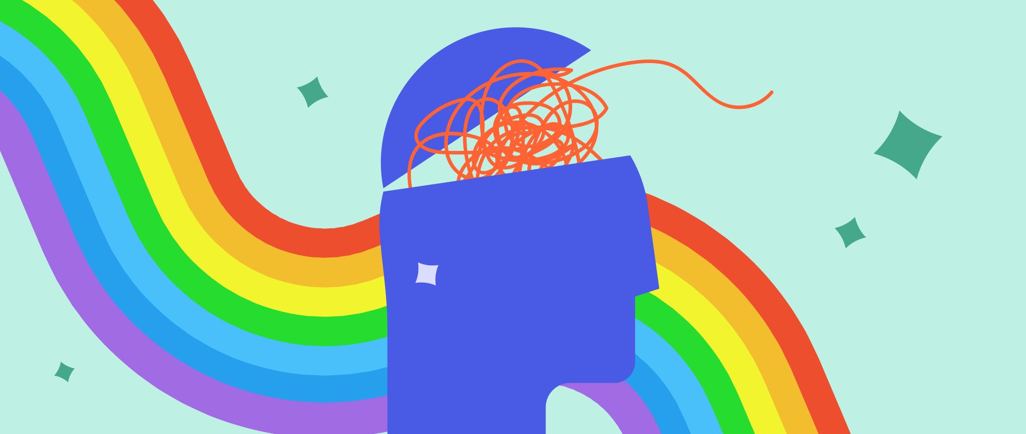 The silhouette of a human head with messy lines scribbled around the top to depict a mind full of scrambled thoughts against a background of pride colours.
