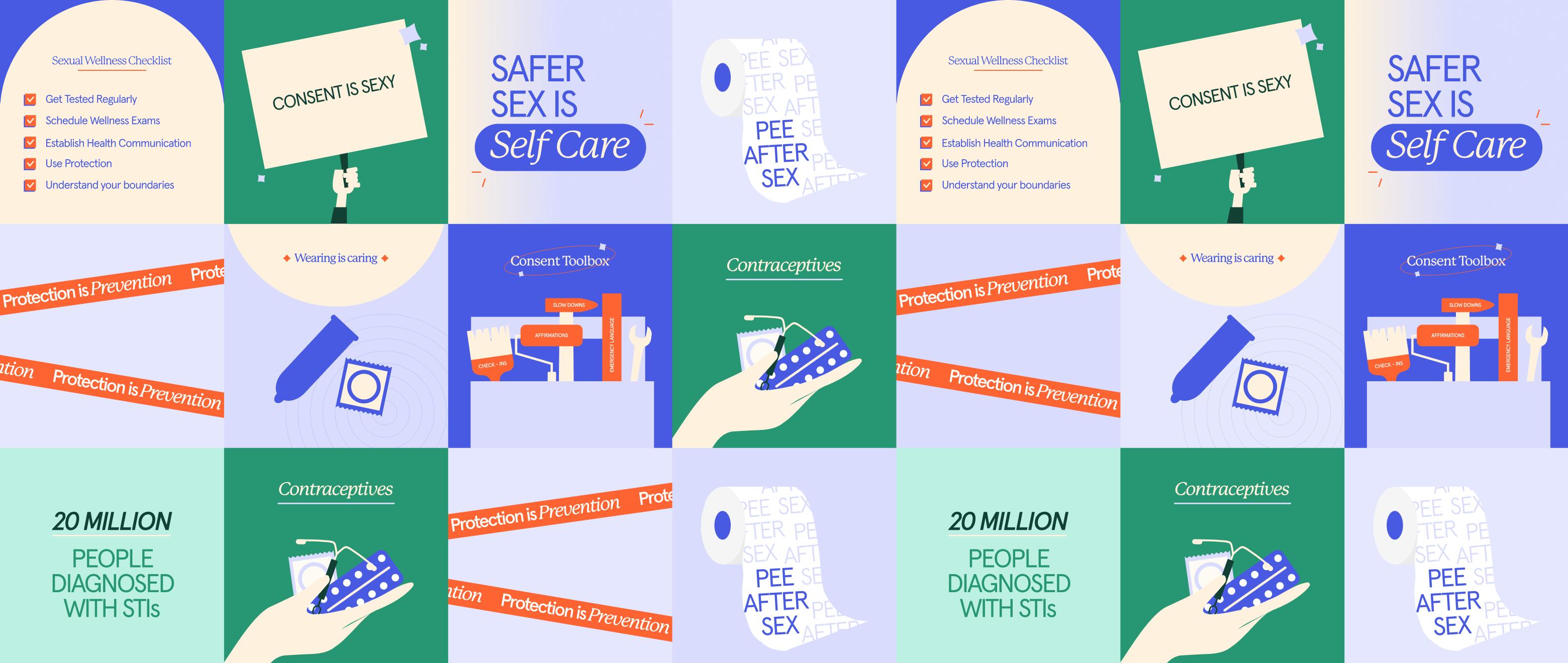An informative collage about safe sex practices and STIs