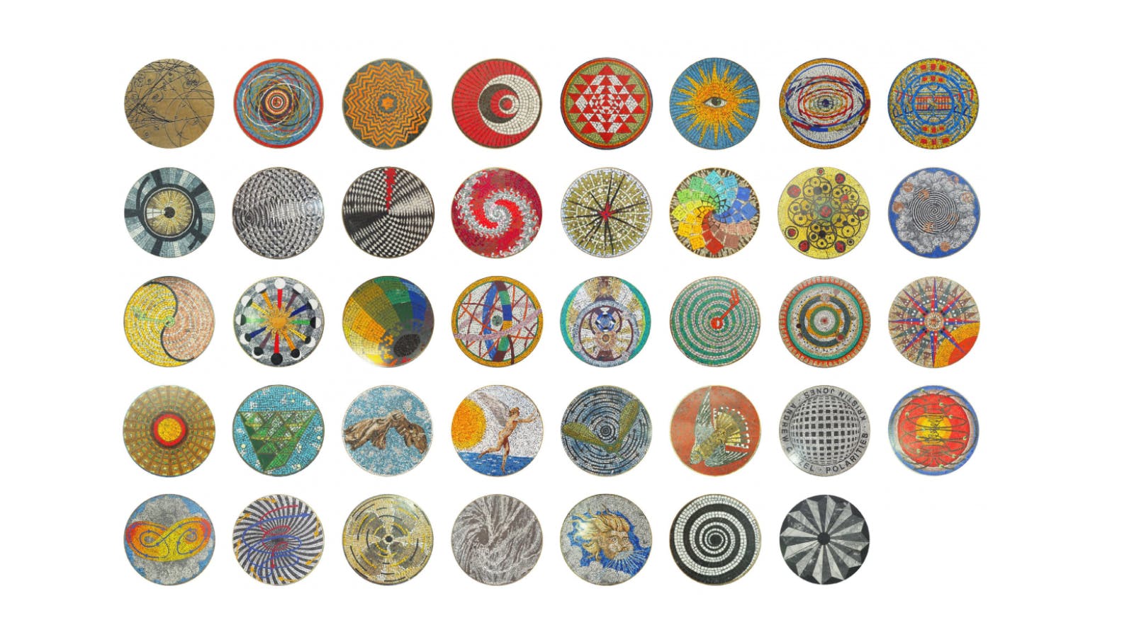 Grid of 36 circular floor mosaics, each with a unique design incorporating abstract patterns, celestial themes, geometric motifs, and vibrant colors.