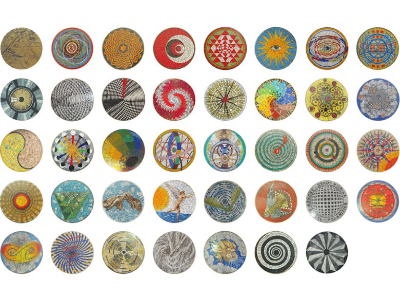 Grid of 36 circular floor mosaics, each with a unique design incorporating abstract patterns, celestial themes, geometric motifs, and vibrant colors.