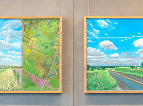 Series of landscape paintings featuring rural roads and skies paired with adjacent map-like textures representing the changing seasons from winter to fall.