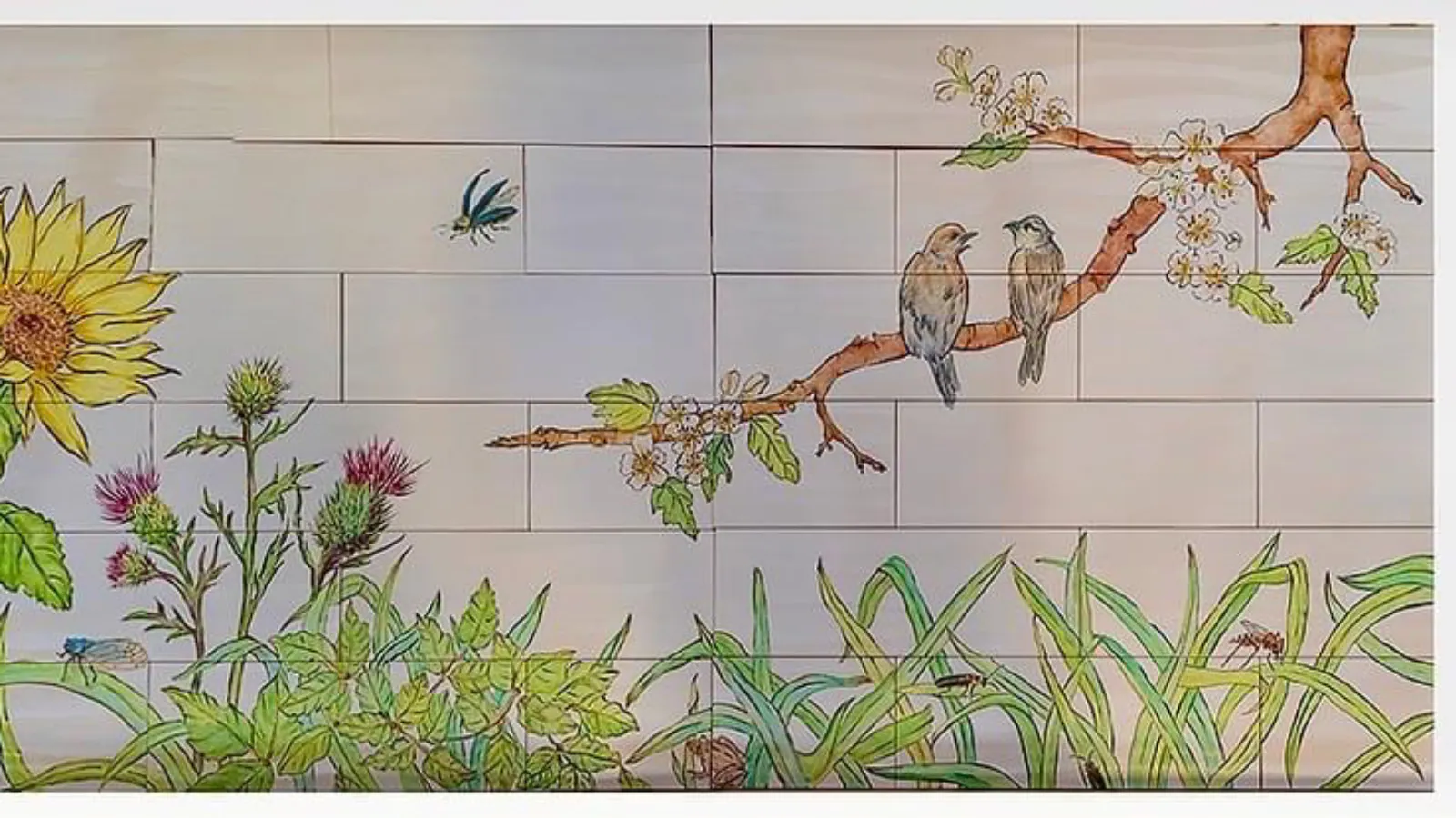 Two birds perched on a flowering tree branch above blooming thistles and tall grass, with insects flying nearby in a soft-toned mural.