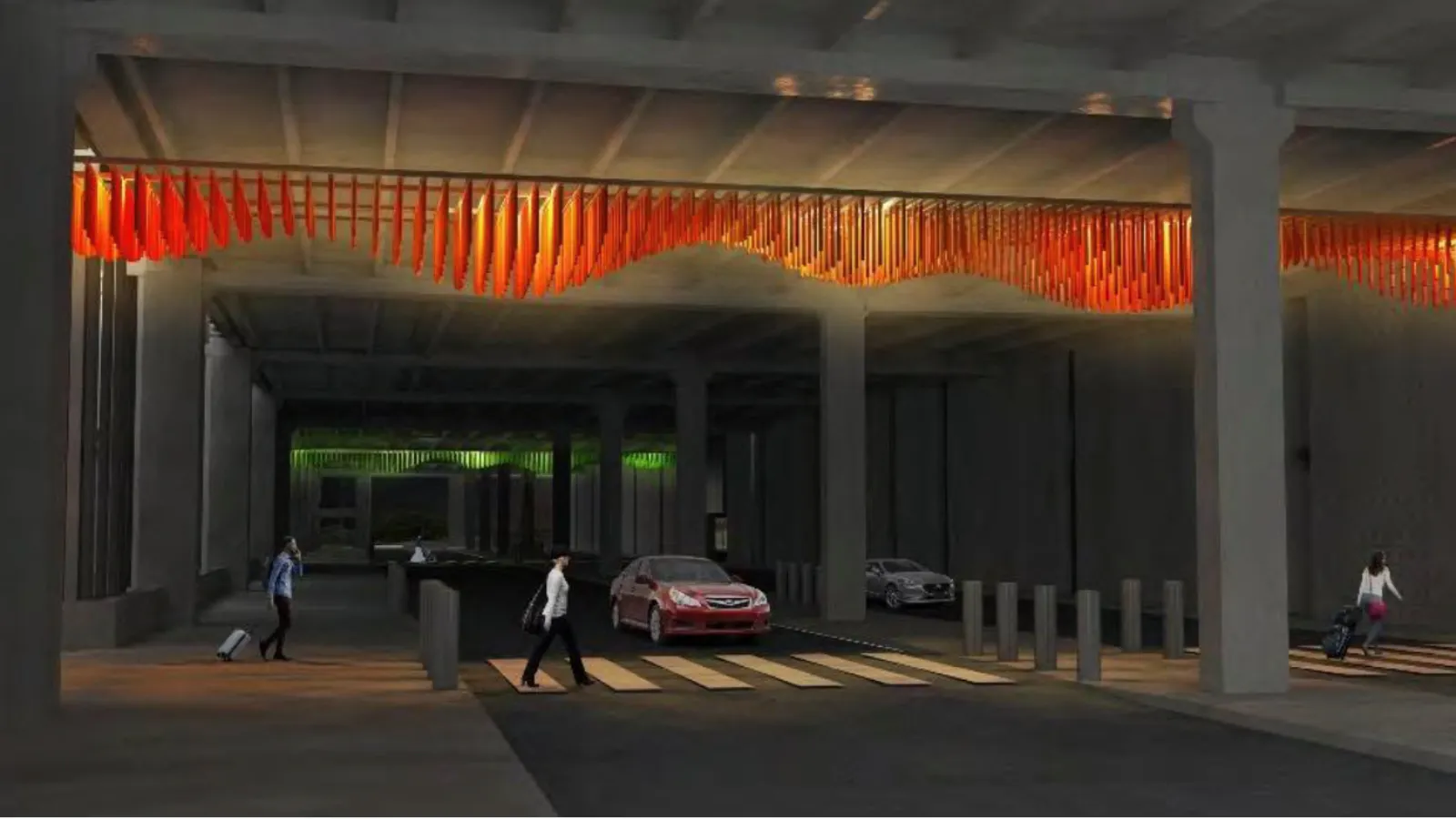 Artist rendering of a nighttime view of an airport underpass featuring a wavy ceiling installation of illuminated orange and green hanging rods, casting a colorful glow over pedestrians and vehicles below.