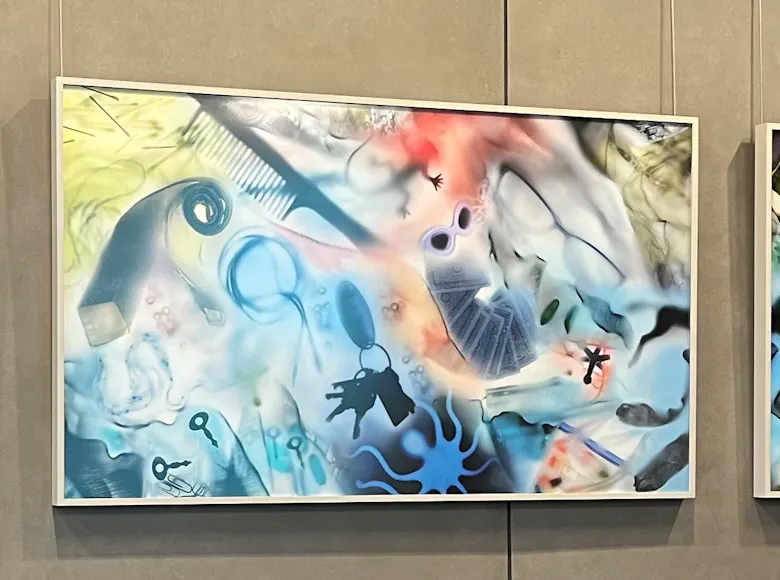 Triptych of abstract paintings with colorful airbrushed backgrounds overlaid with stenciled shapes, animals, symbols, and fragmented forms in vibrant layers.