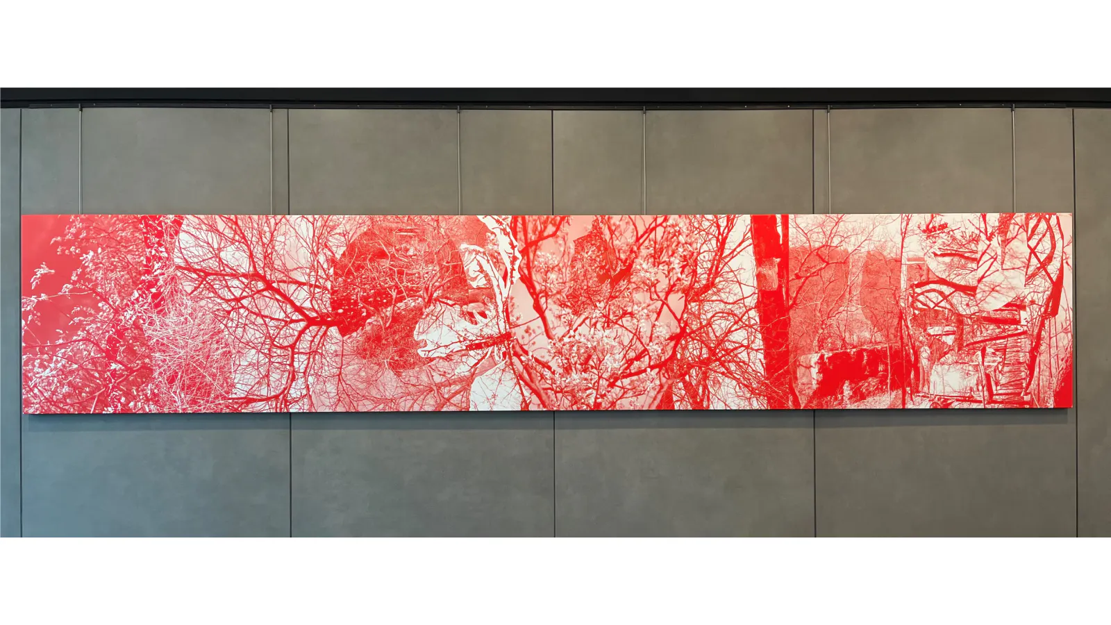 Panoramic red-toned mural featuring layered images of tree branches and natural textures, mounted on a gray wall.