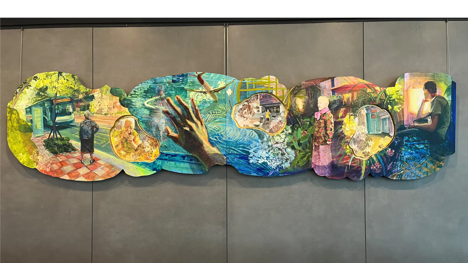 Colorful mixed media mural featuring layered scenes of people, nature, and memories surrounding a central pool with an outstretched hand.