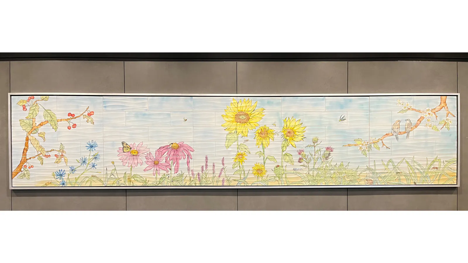 Panoramic artwork of sunflowers, coneflowers, birds, and grasses in a soft, pastel palette, evoking a serene prairie landscape.