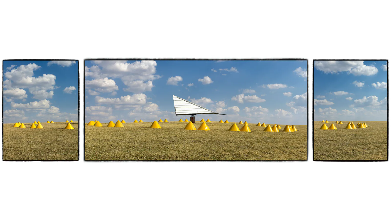 An artistic triptych portrait of a pyramid-shaped wind direction indicator placed near runways to guide aircraft takeoffs and landings.