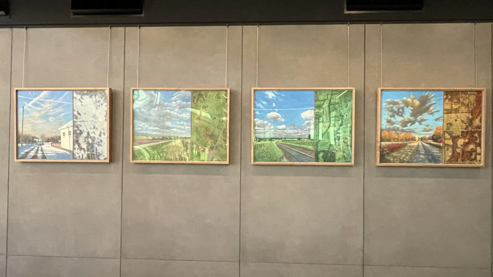 Series of landscape paintings featuring rural roads and skies paired with adjacent map-like textures representing the changing seasons from winter to fall.