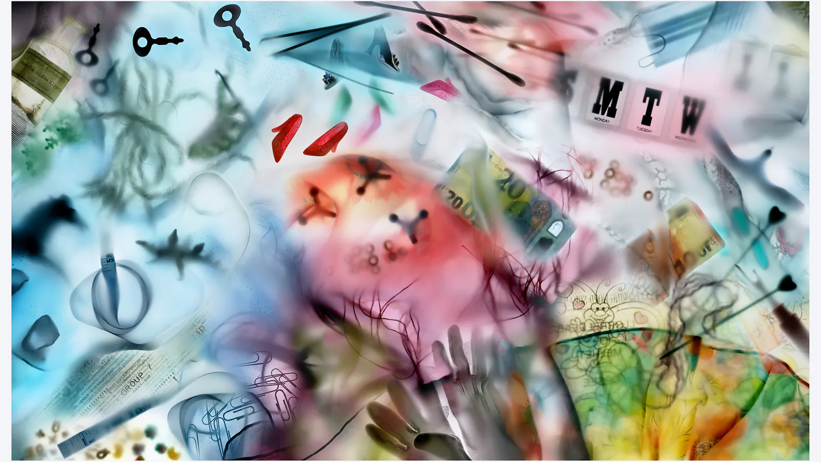 Abstract collage-style artwork blending airbrushed textures with layered images of keys, shoes, hands, currency, letters, and other everyday objects in a dreamlike composition.