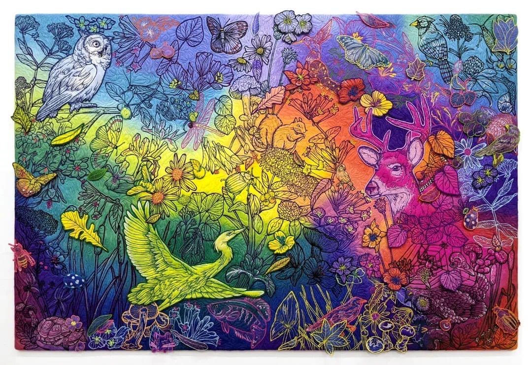Colorful nature scene filled with line-drawn animals, insects, and plants over a radiant rainbow gradient background, featuring a deer, owl, heron, and squirrel.