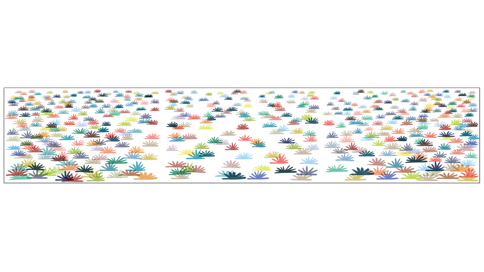 Large mural composed of hundreds of colorful, abstract plant-like forms evenly spaced across a white background, creating a vibrant, rhythmic pattern.