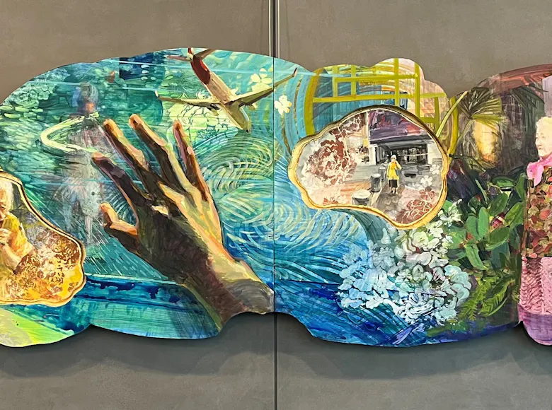 Colorful mixed media mural featuring layered scenes of people, nature, and memories surrounding a central pool with an outstretched hand.