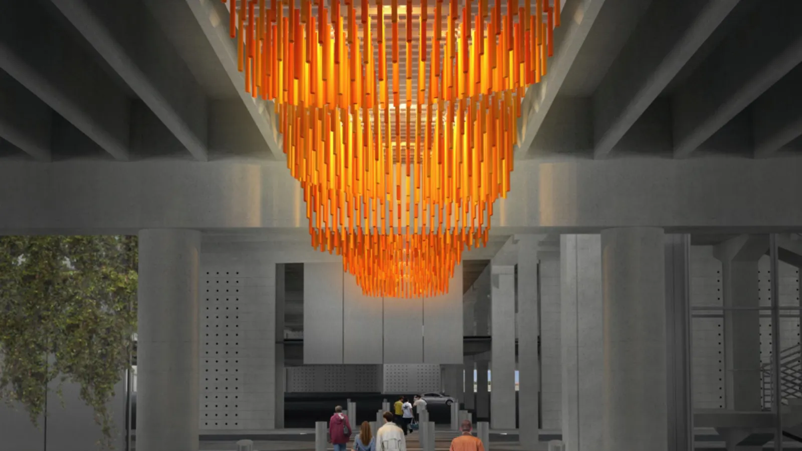 Artist rendering of travelers walking beneath a massive, suspended orange sculpture made of vertically hanging rods, forming a glowing chandelier-like canopy under an airport overpass.