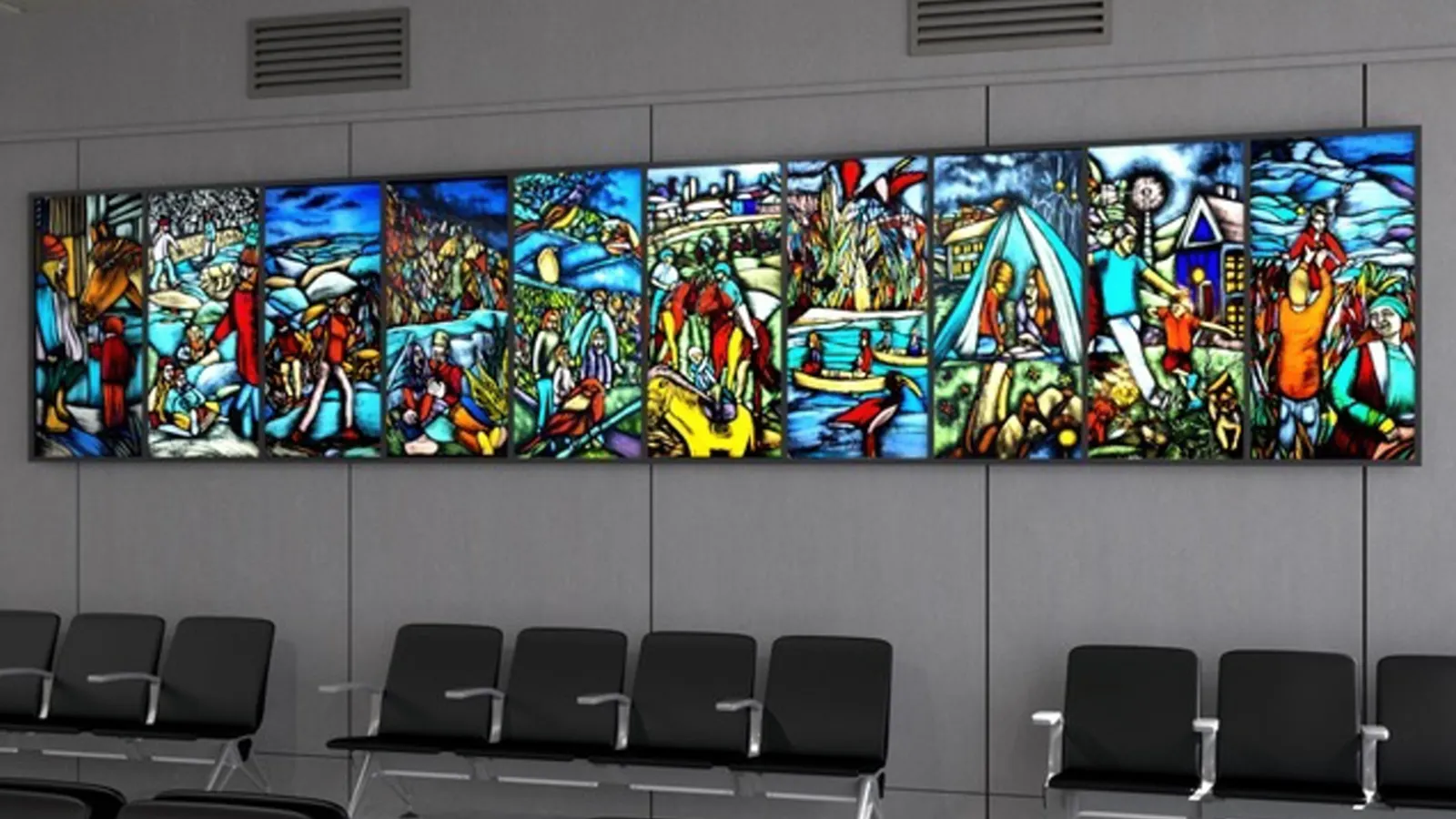 Colorful mural in a terminal waiting area composed of multiple vertical panels styled like stained glass, illustrating scenes of nature, community, and daily life with bold outlines and saturated hues.