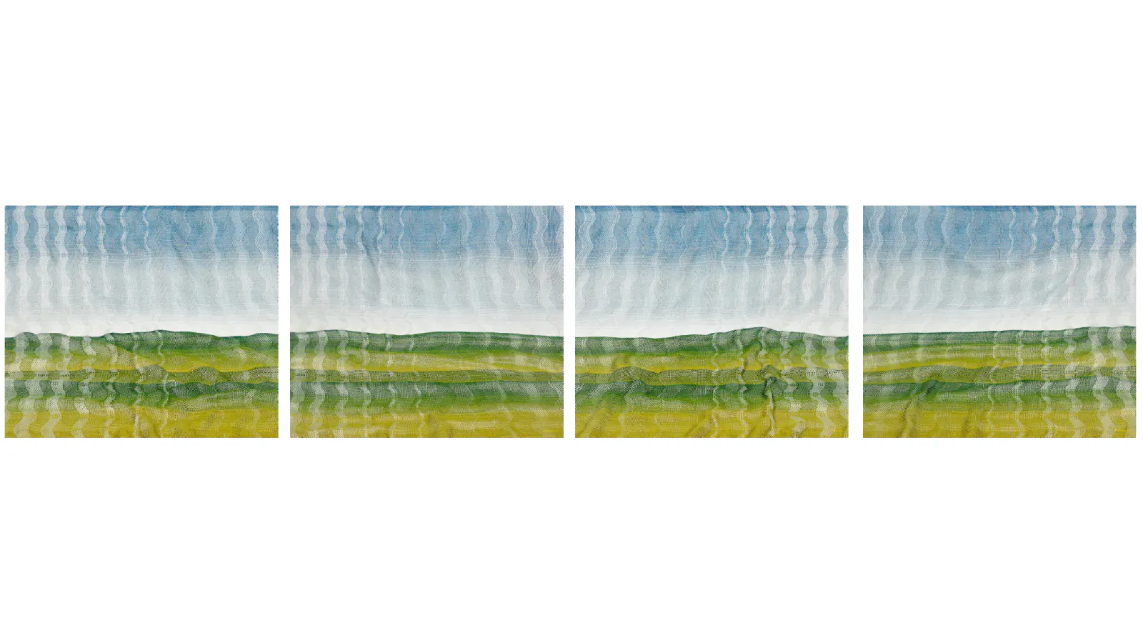 A four-panel landscape with abstract horizontal layers of green fields and blue sky, overlaid with a rippling, wave-like texture.