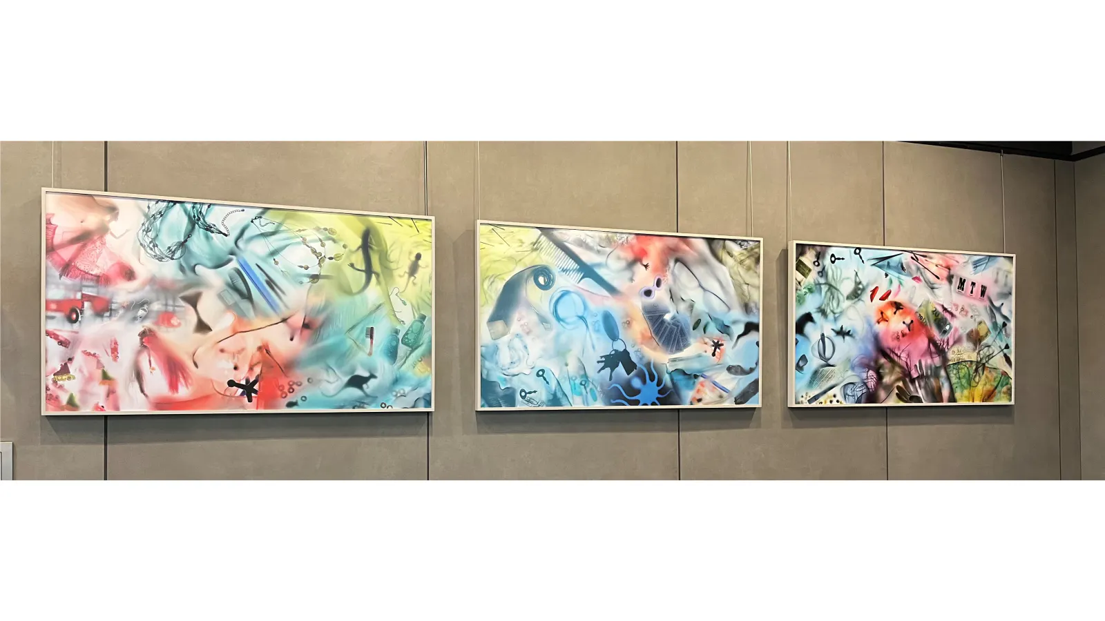 Triptych of abstract paintings with colorful airbrushed backgrounds overlaid with stenciled shapes, animals, symbols, and fragmented forms in vibrant layers.