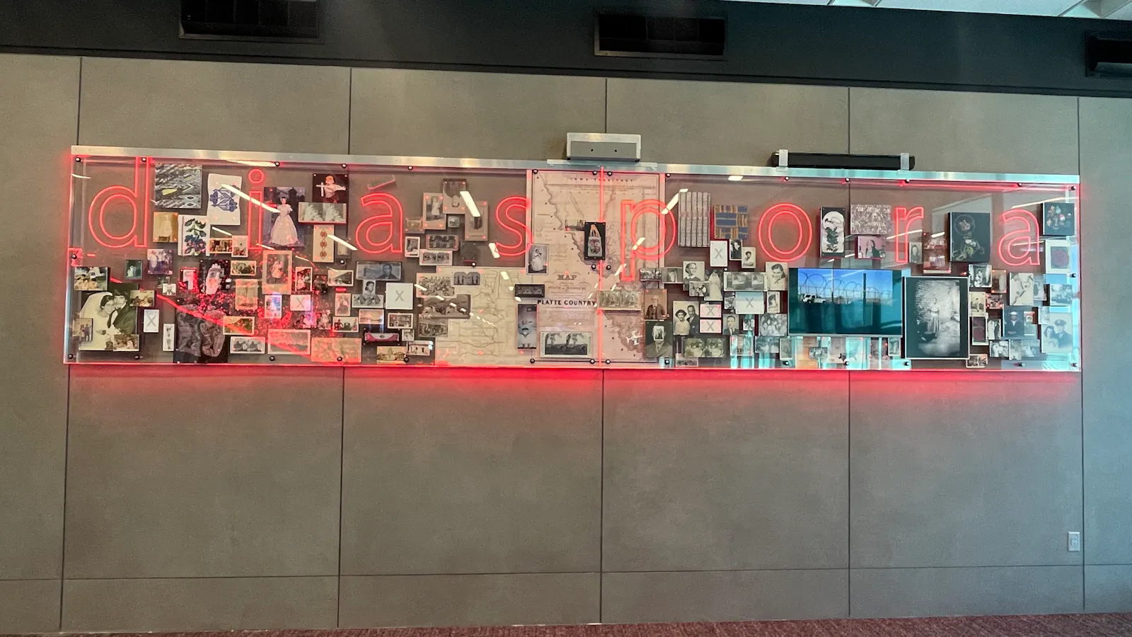 Wall-mounted art installation featuring a collage of historical photos, documents, and small artifacts arranged behind glass with the word “diasporia” illuminated in red neon.