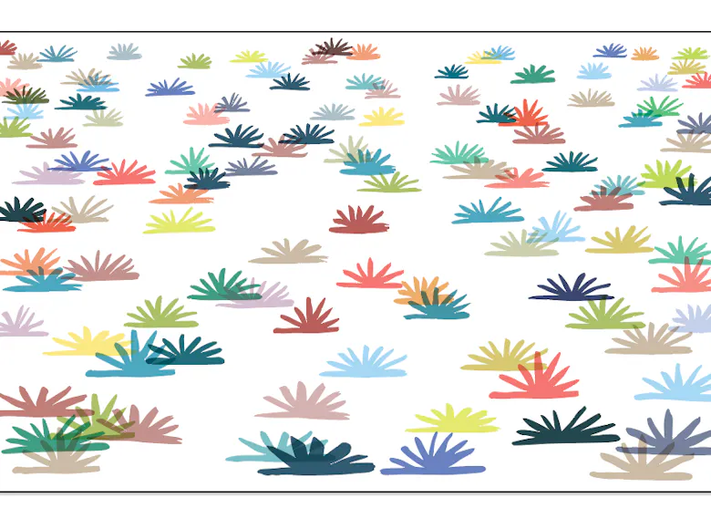 Large mural composed of hundreds of colorful, abstract plant-like forms evenly spaced across a white background, creating a vibrant, rhythmic pattern.
